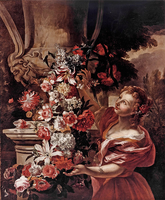 Anonimo — Vogelaer Karel van - sec. XVII - Figura femminile con fiori e vaso scolpito — insieme